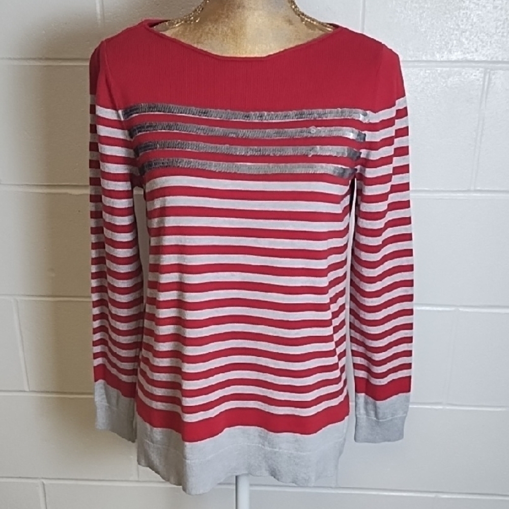 Red and Gray Striped Long Sleeve Fine Gauge Cotton Knit Sweater with Sequins